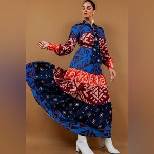 NWOT Bow Tie Blouse and Tiered Maxi Skirt Set in Multi Colors